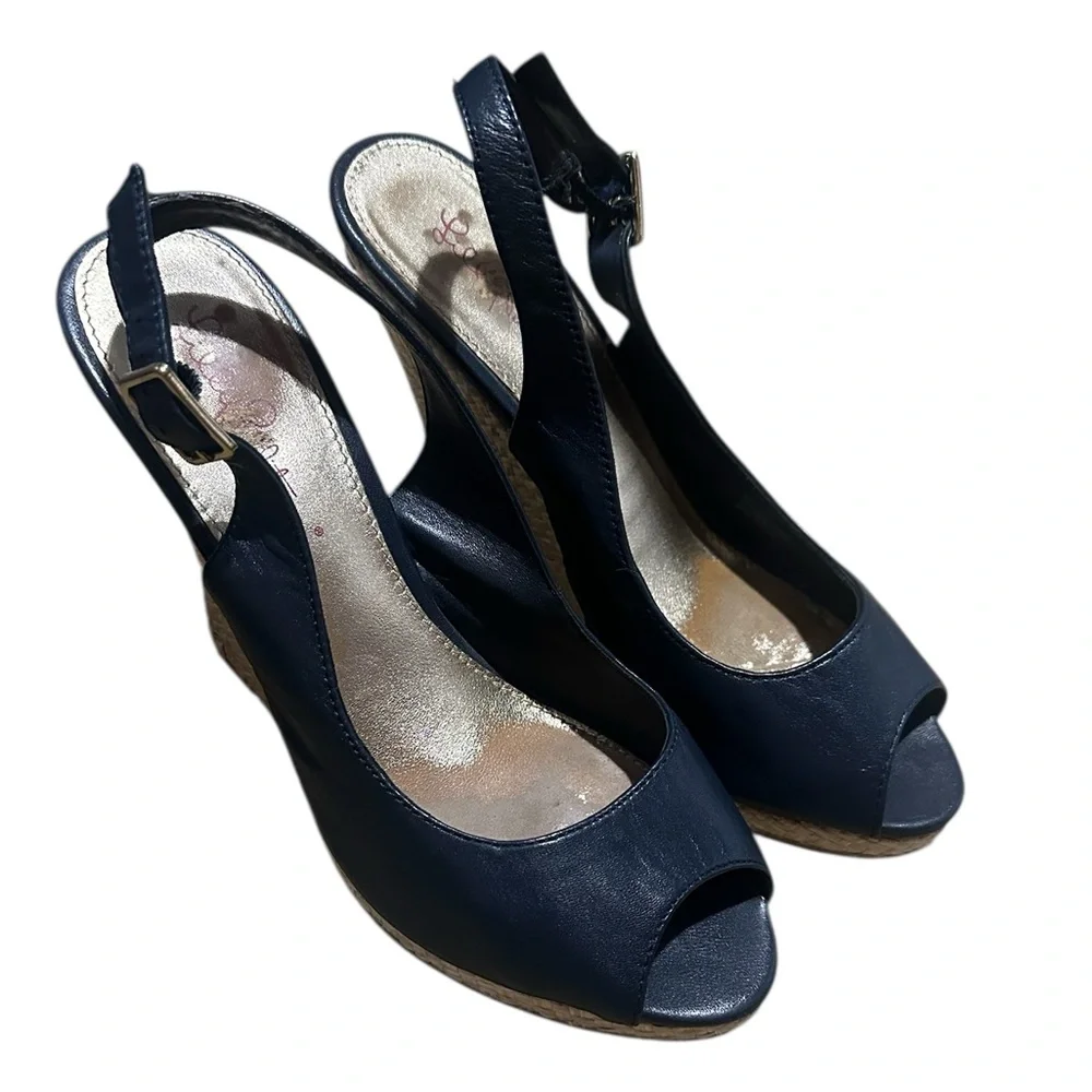 Lilly Pulitzer Krisie Wedge Sling Back Sandals Navy Blue Women's 8